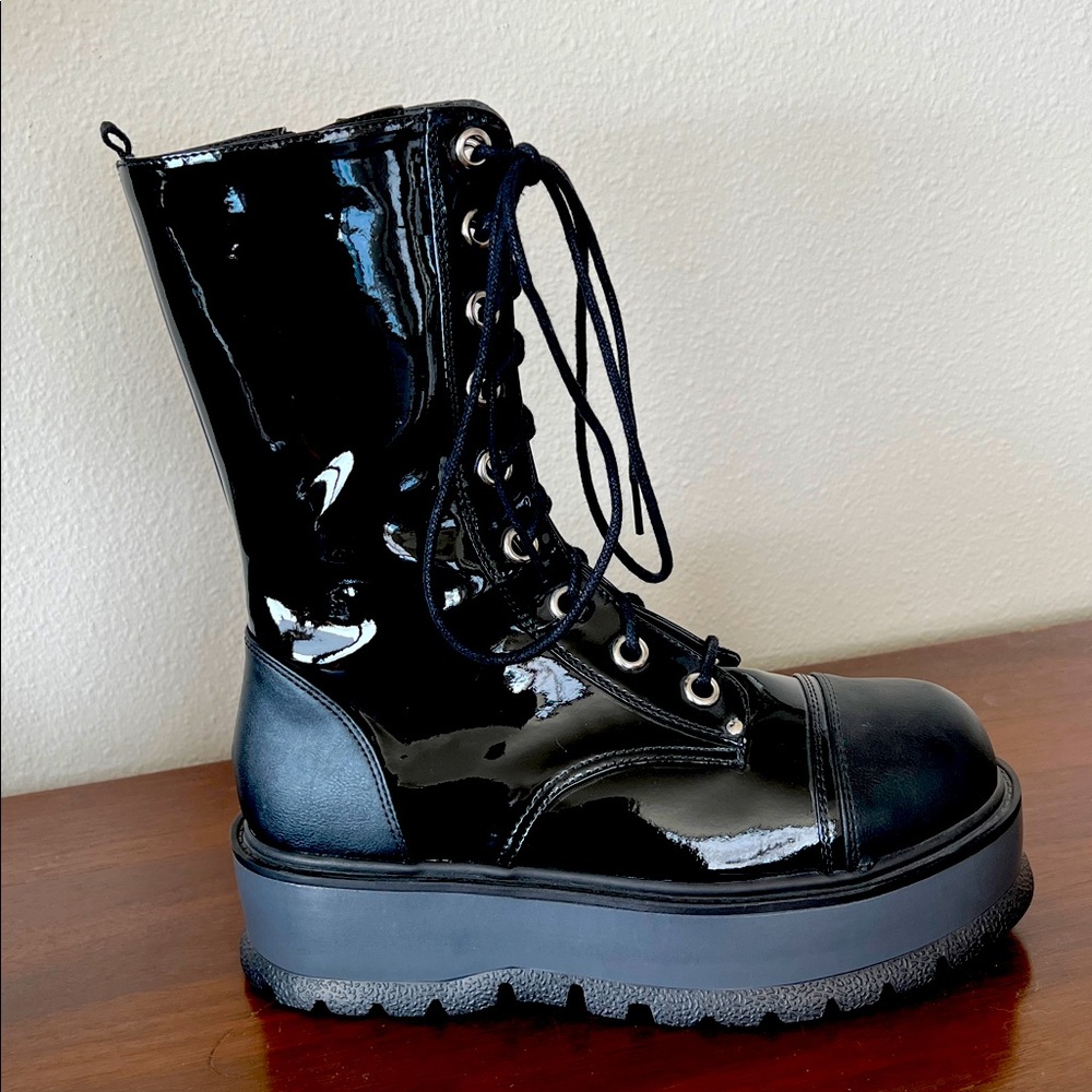 Demonia Slacker-220-1 Black Vegan Patent Platform Boots (New - NO box) - Picture 10 of 10